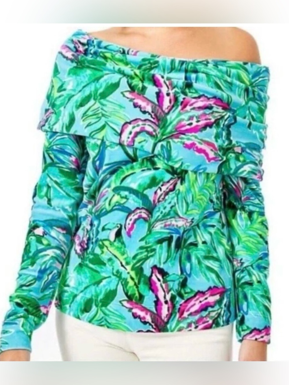 Lilly Pulitzer Light Blue Tropical Print Cowl Neck sweater